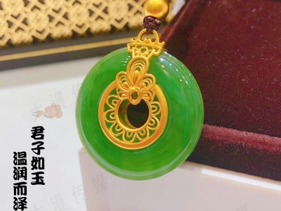 中国风古法平安扣，足金999镶嵌精选和田碧玉